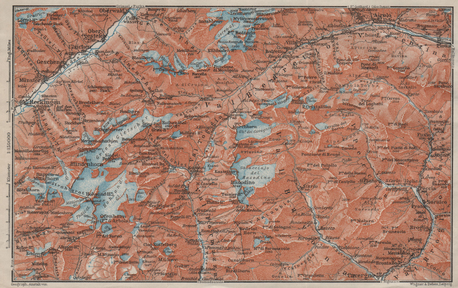 GRIES PASS & NW TICINO ALPS. Val Bedretto Airolo Basodino Ofenhorn 1909 map
